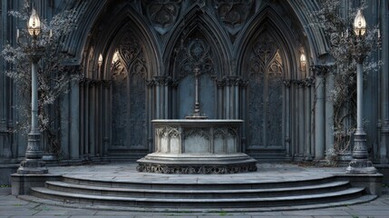Ornate gothic architecture with a fountain