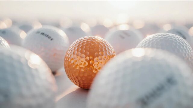 Vivid orange golf ball surrounded by white balls creating a striking contrast - Orange golf ball standing out among white golf balls