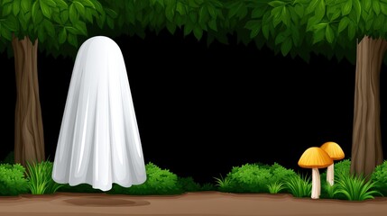 A ghost gliding through a dark forest path, glowing mushrooms, copy space on the left