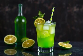 Fototapeta premium Lime green cocktail with cane sugar, lime, and soda, citrus, limeade
