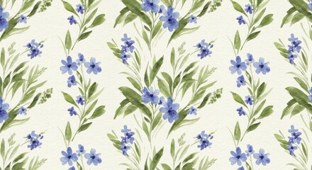 Watercolor Floral Pattern: Blue Flowers and Green Leaves.