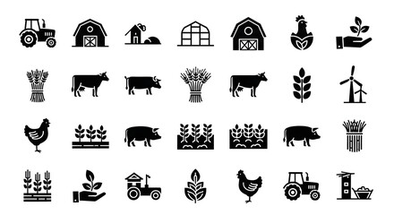 Farm Icon Set: A comprehensive vector set of farm icons for design project and illustrations for depicting agricultural elements, creating a cohesive visual language.