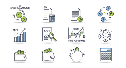 Financial Icons Set: A collection of meticulously crafted financial icons, designed with clean lines and vibrant colors. Capturing the essence of accounting, investments, and banking.
