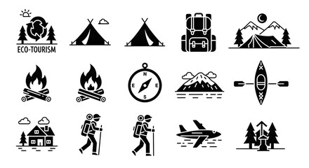 Icons of Adventure and Nature: A collection of evocative icons that embody the spirit of exploration, eco-tourism, and outdoor adventure, rendered in a bold, minimalist style. 