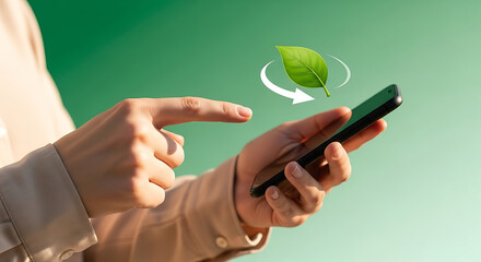 Person using a smartphone with a green leaf and recycling symbol overlay representing eco friendly technology and sustainability