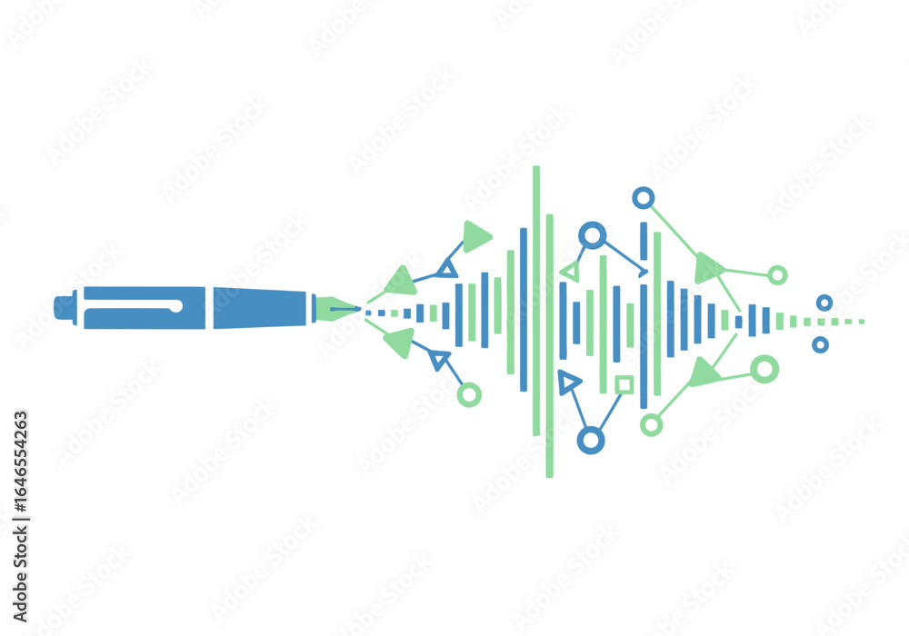 Poster conceptual illustration of pen with abstract waveform and connected geometric shapes