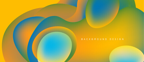 Abstract fluid shapes overlap, creating vibrant yellow, orange, blue gradients. Modern design, smooth transitions, dynamic composition.