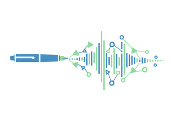 Conceptual Illustration of Pen with Abstract Waveform and Connected Geometric Shapes