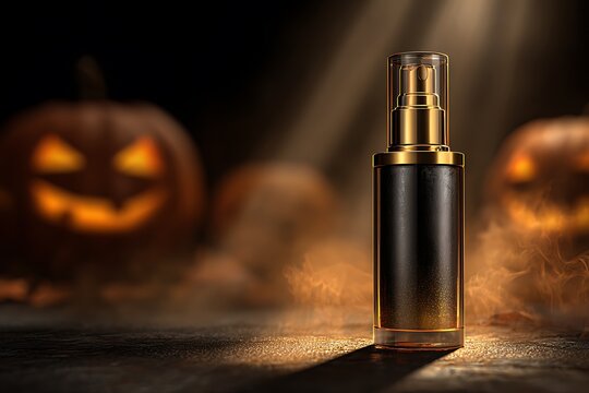 Luxury airless pump foundation bottle mockup, glass and gold details, spotlight with Halloween carved pumpkin shadows, dark dramatic background, empty area for headline