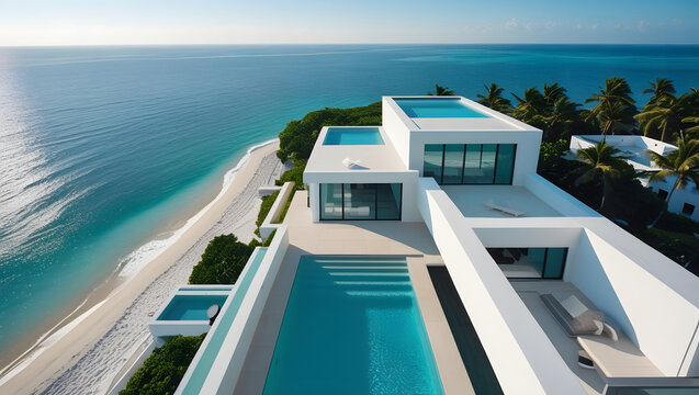 Luxurious white beachfront villa with infinity pools overlooking turquoise ocean.