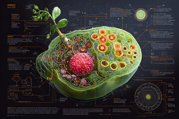 Detailed 3D Rendering of a Plant Cell with Futuristic Scientific Data Visualization