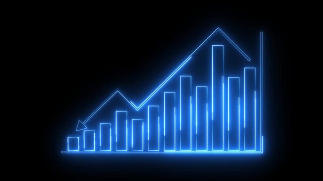 Business graph icon animation glowing neon blue color business report presentation growth bar chart line finance marketing success profit arrow on black background