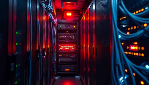 Secure server room with network cables and flashing lights, confidentiality, cyber security