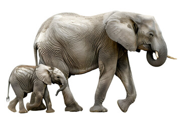 Obraz premium A mother elephant and her calf walking through a savannah, with trees and grass in the background