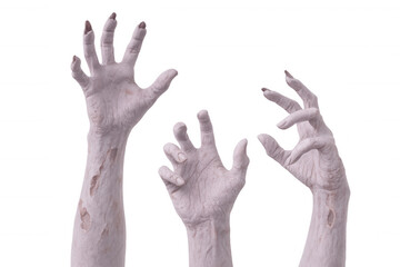Three decaying zombie hands reaching out from a transparent background, creating a spooky and eerie atmosphere