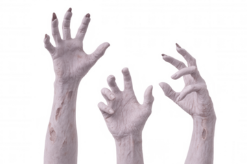 Three decaying zombie hands reaching out from a transparent background, creating a spooky and eerie atmosphere
