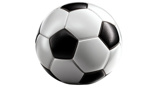Classic black and white soccer ball poised for game action on a white background, cut out transparent