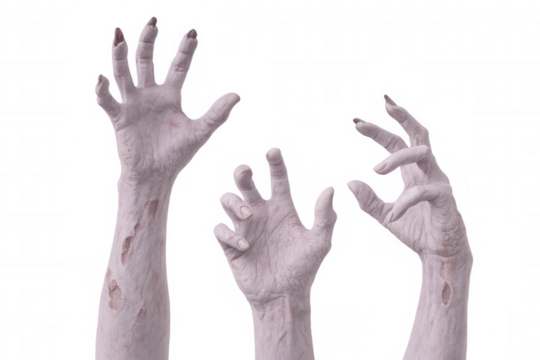 Three decaying zombie hands reaching out from a transparent background, creating a spooky and eerie atmosphere