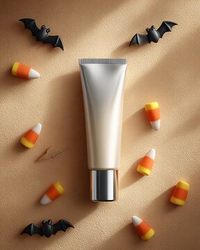 Foundation tube mockup with metallic cap, placed on beige-orange background, decorated with candy corn and bat silhouettes, soft shadows, ample copy space for text