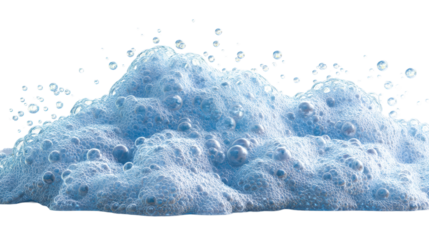 Close up of blue bubble foam texture with clear water droplets, cut out transparent