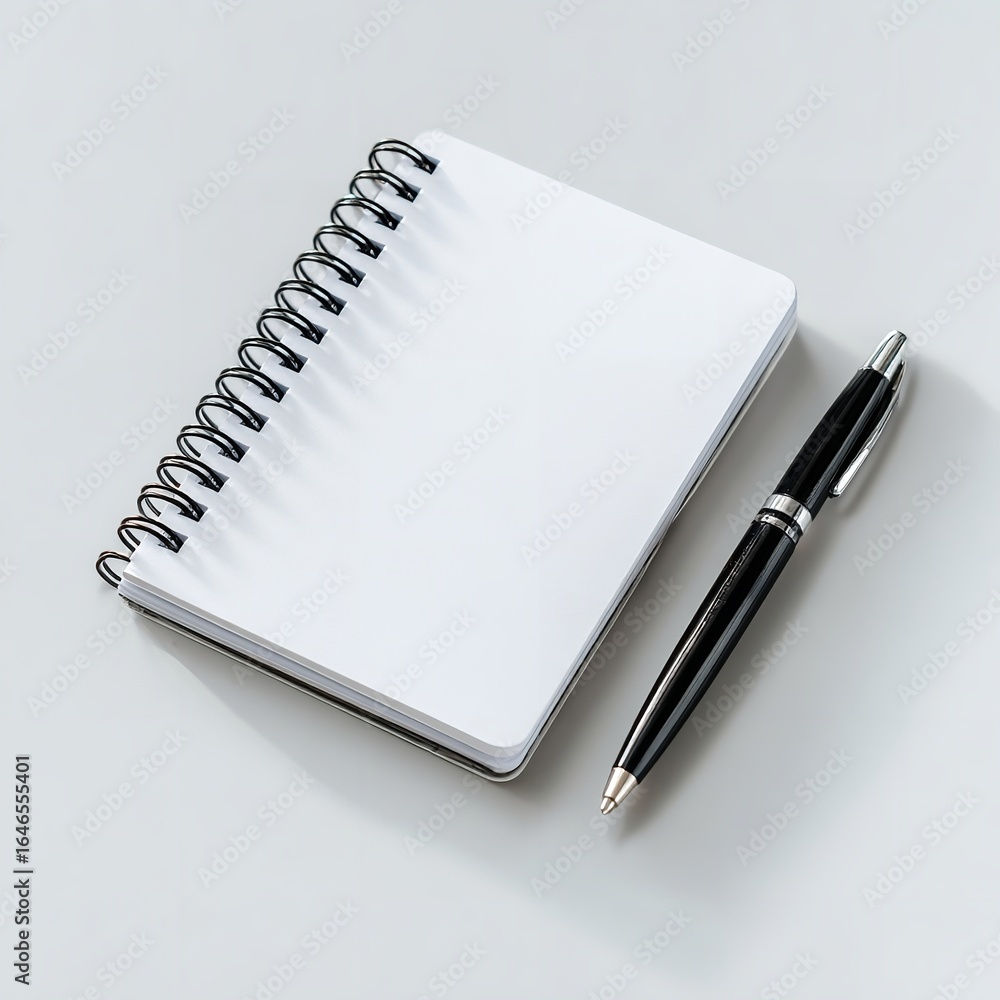 Poster minimalist workspace with spiral bound notebook and elegant pen, ready for writing or creativity.