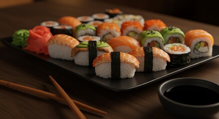 Sushi platter with soy sauce and chopsticks