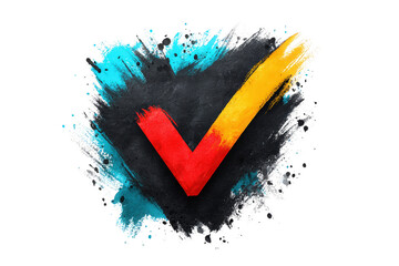Vivid Red and Yellow Checkmark on Transparent Background with Paint Splatter Effect