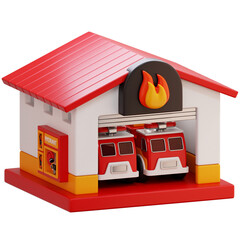 3D Fire Station with Two Fire Trucks Illustration