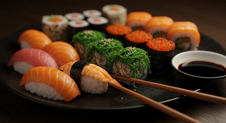 Sushi platter with soy sauce and chopsticks