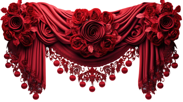 red draped fabric with ornate spiral rosettes on white background