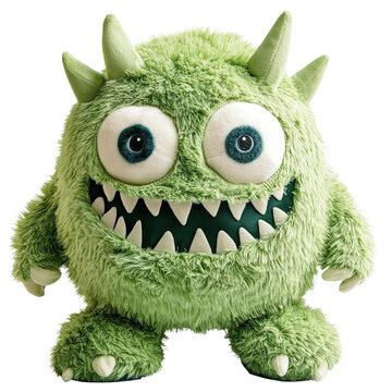 Plush green monster for small children on transparent background.