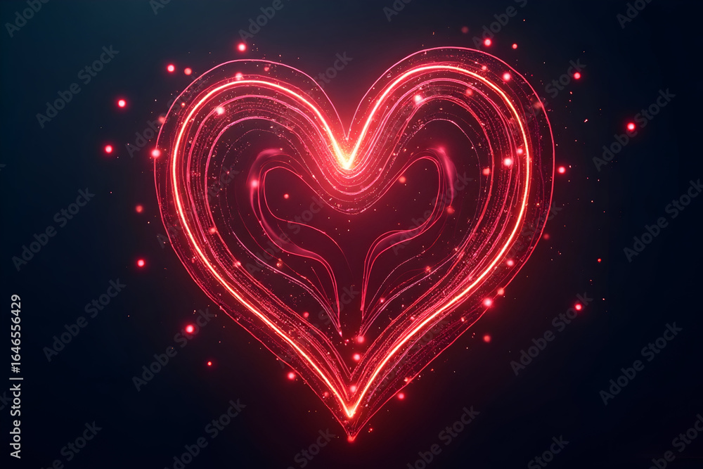 Poster glowing heart shape with light streaks and particles on dark background
