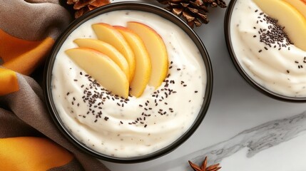 Bowl of yogurt topped with apple slices and chia seeds, autumn food banner with cozy fall colors and copy space