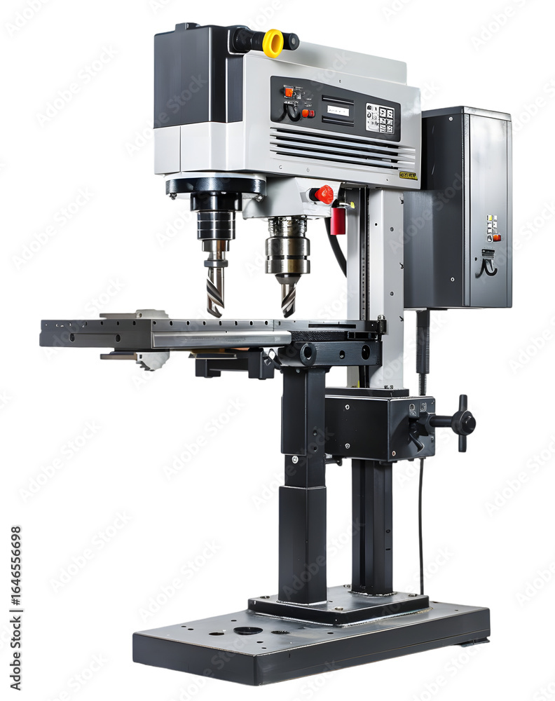 Poster industrial machine tool used for precision machining in a workshop setting with tools and materials 
