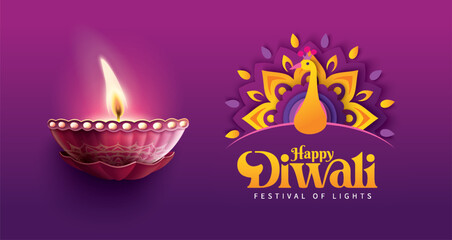 Happy Diwali festival with oil lamp, Rangoli decoration with Diya, Diwali holiday Background with rangoli, Diwali celebration greeting card,vector. © Graphicstore