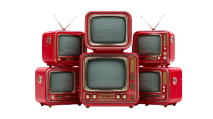 Stack of vintage red television sets with antennas on white background, cut out transparent