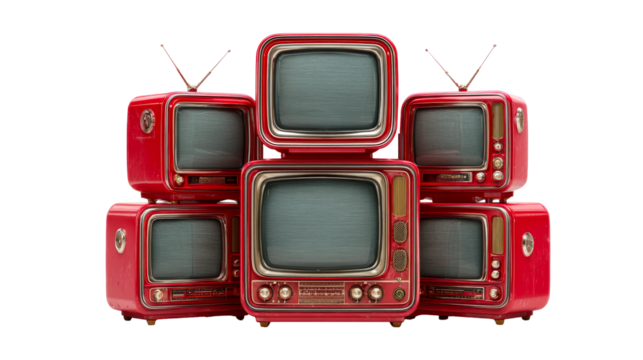 Stack of vintage red television sets with antennas on white background, cut out transparent