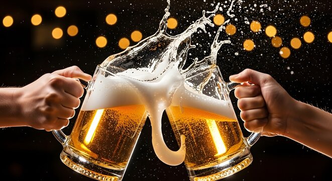 Two hands clinking large glass beer mugs in a toast, creating a dramatic splash against a dark background with bokeh lights.