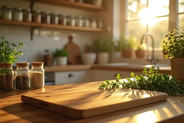 Warm sunlight illuminates a rustic kitchen countertop with herbs