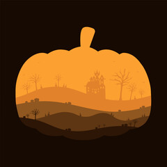 Silhouette orange color theme halloween night landscape with castle, graves, bats, dead trees in pumpkin shape design elements, Vector illustration