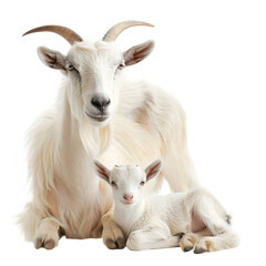 Fototapeta premium Mother goat and her kid resting together in a serene setting, showcasing their bond and tranquility