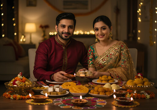 Indian Couple Celebrating Diwali Traditional Attire, Sweets, Diyas, Festival of Lights, Joyful Celebration.