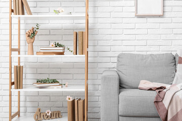 Interior of living room with bookshelf and sofa