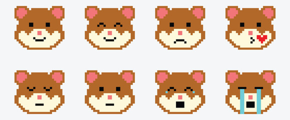 Hamster Pixel Art Expressions - Cute Pixel Emoji Faces in Various Emotions.