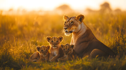 Lioness and Cubs at Sunset in African Savanna
