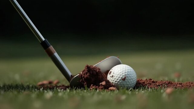 Golf ball struck by club in dirt creating action shot on green grass course - A golf club striking a white golf ball spraying dirt on green grass