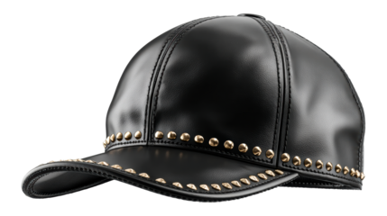 Black Leather Cap with Gold Stud Embellishments, cut out transparent