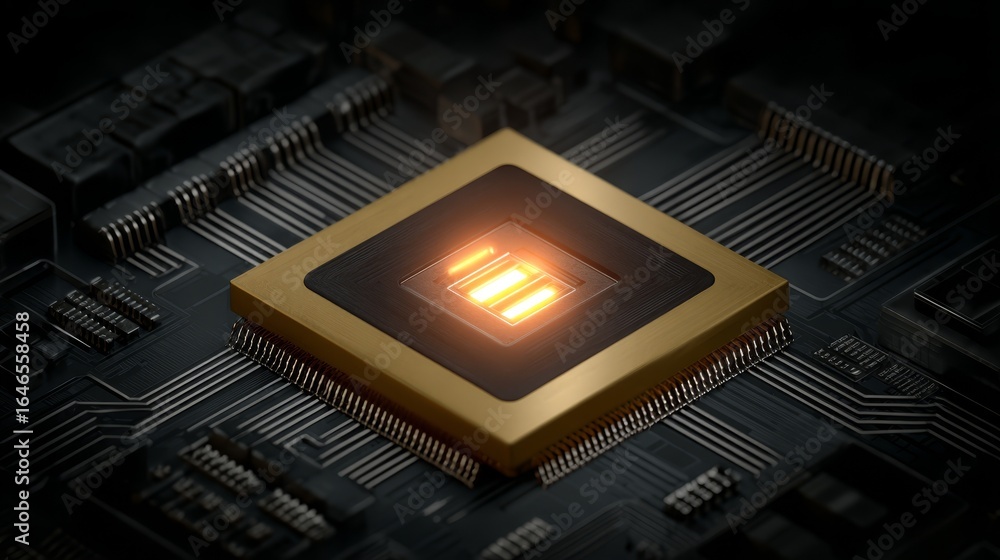 Poster intricate macro view of a gleaming gold central processing unit the technological heart of computing