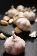 Fresh garlics on black background, closeup