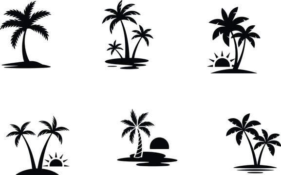 Tropical palm tree silhouettes, island sunset icons, vector illustration for travel, nature, beach themes, summer vacation, paradise, exotic holiday design elements
